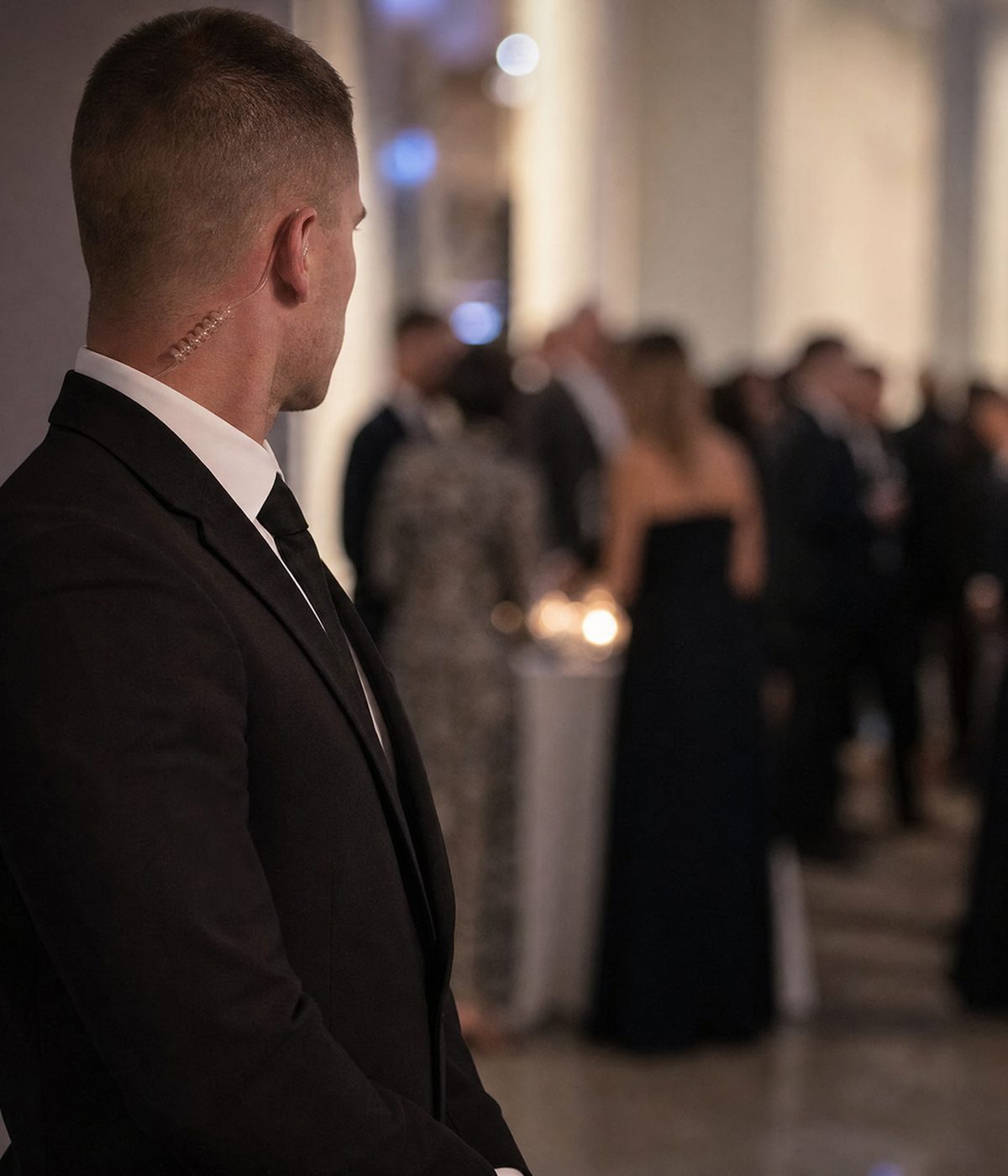 Swift Security officer in a suit providing executive protection at a formal event