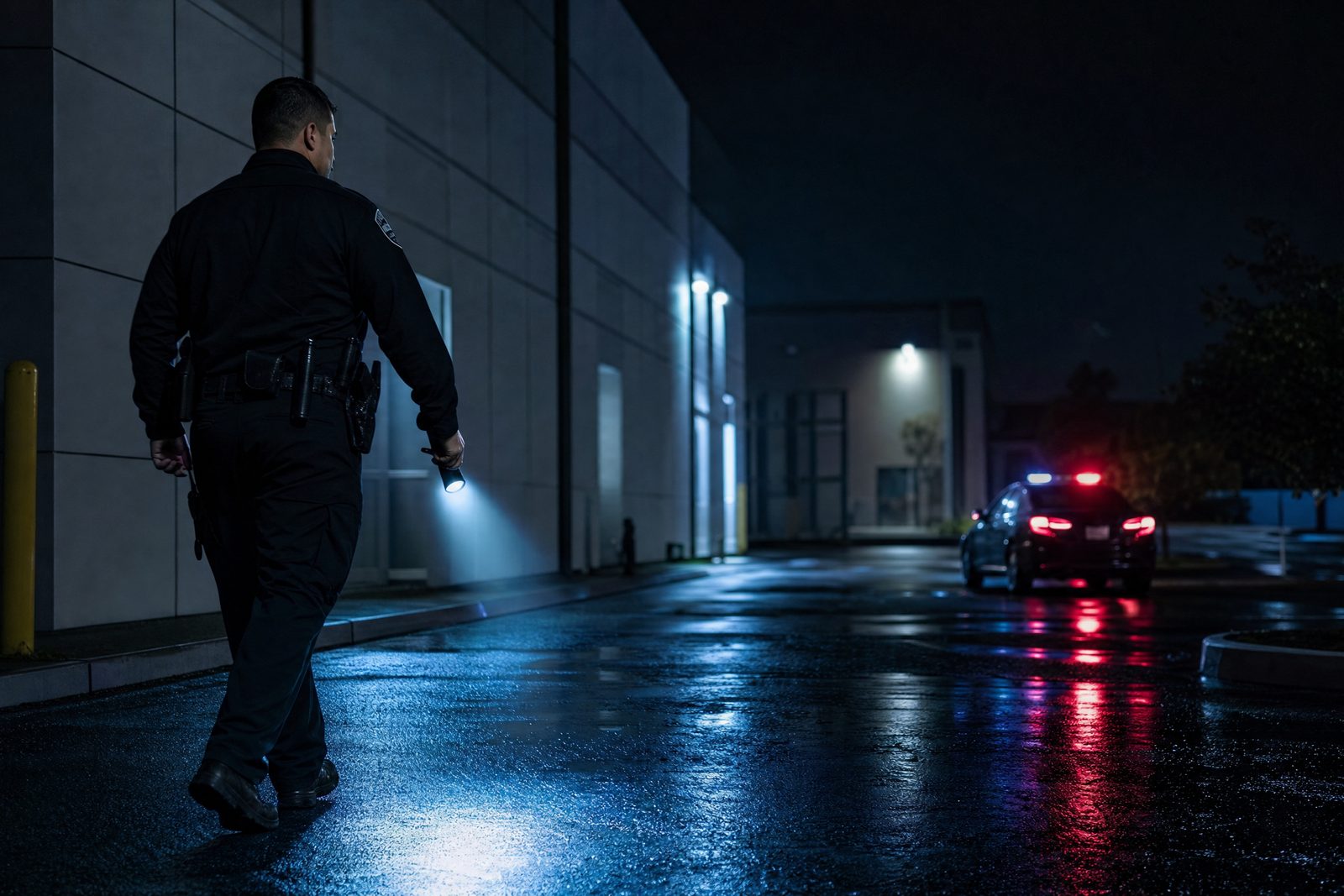 Swift Security officer on night patrol at a commercial facility with a patrol vehicle